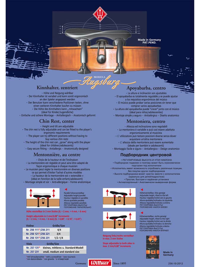 Wittner 256211 violin chinrest center and tilt adjustable, center mount 4/4