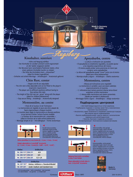 Wittner 256211 violin chinrest center and tilt adjustable, center mount 4/4